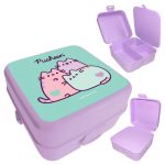 Pusheen cicás uzsonnás doboz, 14x14x8cm, lila-zöld