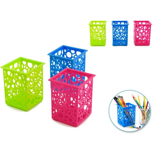 Asztali tároló kosár, műanyag, 7,6x7,6x10 cm, szögletes, 3 féle szín