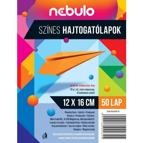 Színes papírok, hajtogatólap 12x16cm, 80g, 50 lap/cs, Nebulo