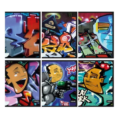 Vegyes mintás tűzött füzet A/4, 40 lap, kockás, prémium, Graffiti minták, Nebulo