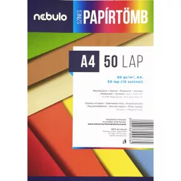   Színes papírok tömbben, A/4, 80g, 10 szín, 50 lap/cs, Nebulo