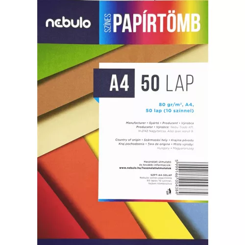 Színes papírok tömbben, A/4, 80g, 10 szín, 50 lap/cs, Nebulo