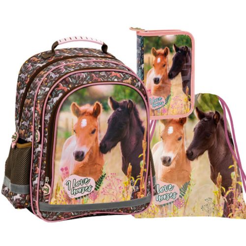 Lovas hátizsák klapnis, töltött tolltartóval és tornazsákkal, KO24, I love horses