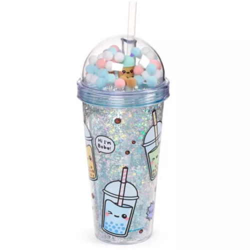 Bubble Tea pohár pomponos tetővel és szívószállal, 500ml, Foodiemals