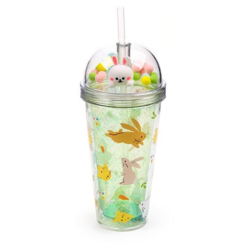 Nyuszis pohár pomponos tetővel és szívószállal, 500 ml, Springtime