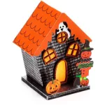 Halloweeni dekor házikó, LED-es, narancssárga, tök és szellem, Trick or Treat