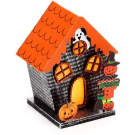  Halloweeni dekor házikó, LED-es, narancssárga, tök és szellem, Trick or Treat