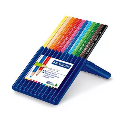 Színes ceruzakészlet 12 db-os, Staedtler Ergo Soft 157 SB12, háromszög test (kék tartóban)