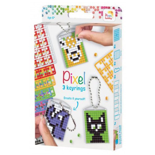 Pixel kulcstartókészítő szett 3 kulcstartó alaplappal, 8 színnel, mintákkal, állatok