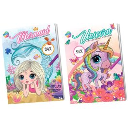   Glitteres színezőfüzet, A/4, 24 oldal, 2 ív matrica, kétféle változat (hableány, unikornis)