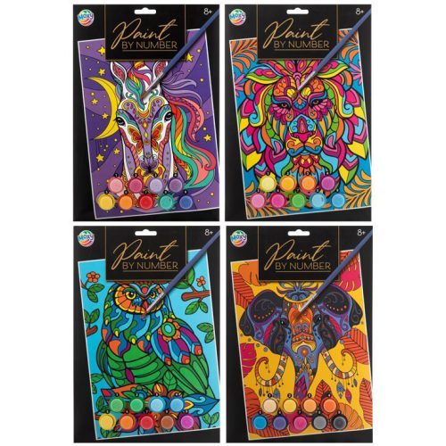 Festés számok szerint gyerekeknek élénk színekkel, A/4, 4 féle változat (ló, oroszlán, bagoly, elefánt)