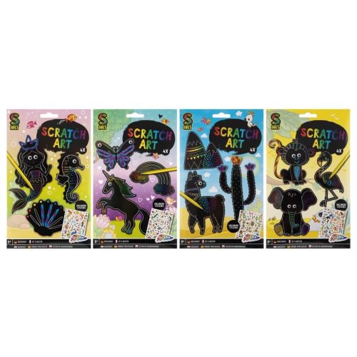 Képkarcoló szett, 4 figura kiegészítőkkel, 4 féle változat (hableány, unikornis, láma, vadállatok)