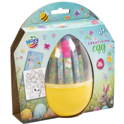 Húsvéti színező szett tojás formájú műanyag tartóban (filctollak, zsírkréta, színezhető lapok, matrica) 