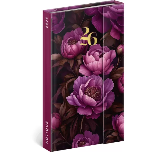 Realsystem mágnessel záródó agenda, határidőnapló, 13x21cm, heti tervező, 2026, Purple Flowers