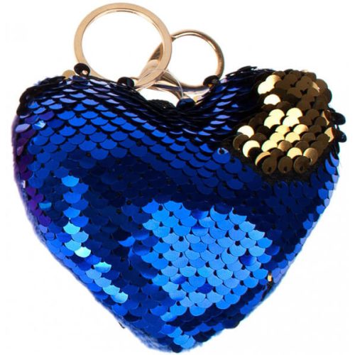 Starpak flitteres kulcstartó, táskadísz szív alakú, kék-arany (átfordulós)