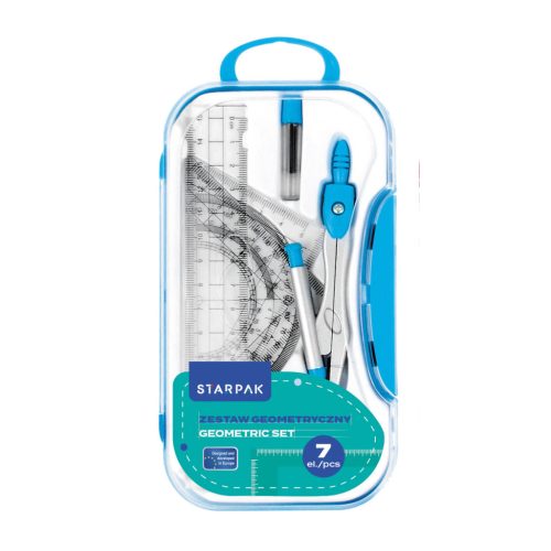 Geometria készlet, körző és vonalzó szett, 7 db-os, műanyag dobozban, Starpak, kék