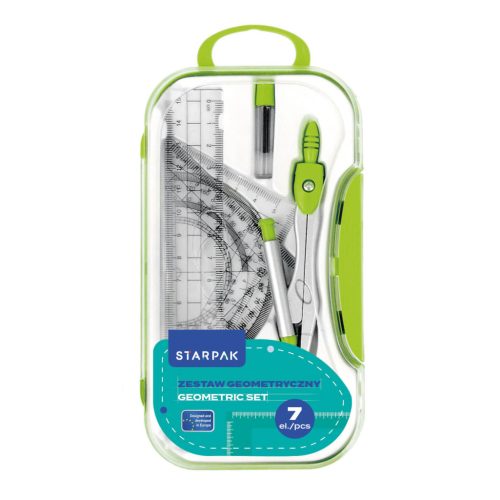 Geometria készlet, körző és vonalzó szett, 7 db-os, műanyag dobozban, Starpak, zöld