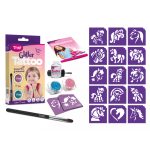 Csillámtetoválás szett, Lovak és Unikornisok, 15 sablonnal és 2 csillámporral