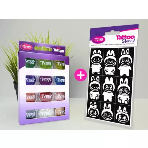 Csillámpor szett 12 x 2,5 ml alap színek (basic colours) + Labubu sablon szett