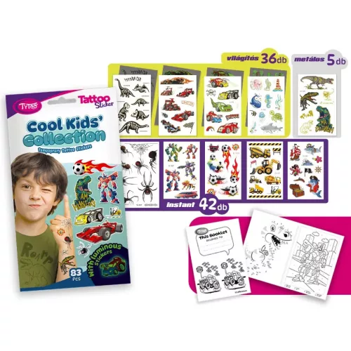 Tetoválás matrica szett, Cool Kids Collection, 10 ív összesen 83 matricával