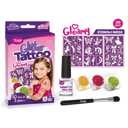 Csillámtetoválás Gleamy szett (30 sablon, 3 csillámpor, 5 ml ragasztó, ecset)