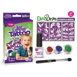   Csillámtetoválás DinoDrive szett (27 sablon, 3 csillámpor, 5 ml ragasztó, ecset)