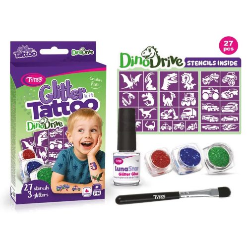 Csillámtetoválás DinoDrive szett (27 sablon, 3 csillámpor, 5 ml ragasztó, ecset)
