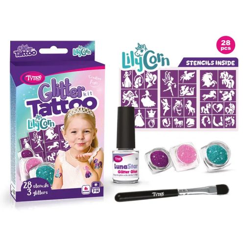 Csillámtetoválás LilyCorn szett (28 sablon, 3 csillámpor, 5 ml ragasztó, ecset)
