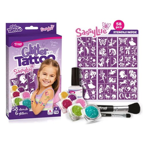 Csillámtetoválás Sassylue szett (58 sablon, 6 csillámpor, 7 ml ragasztó, 2 ecset)