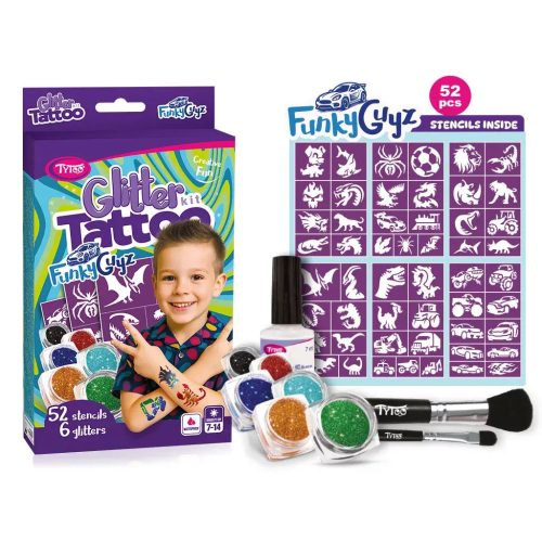 Csillámtetoválás FunkyGuyz szett (52 sablon, 6 csillámpor, 7 ml ragasztó, 2 ecset)
